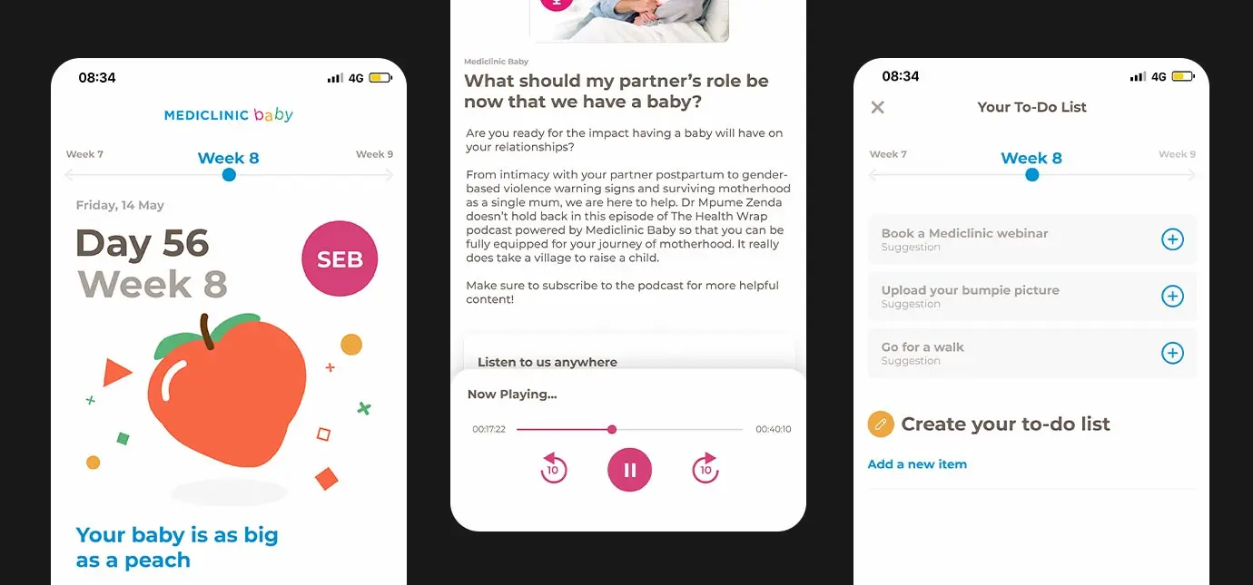 Mobile phones showing the Mediclinic Baby app